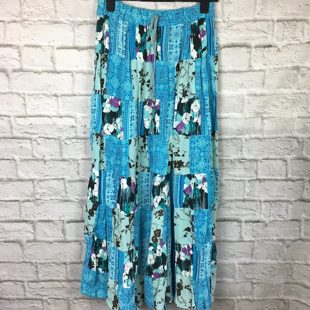 Blue Floral Tiered Patchwork Maxi Skirt
